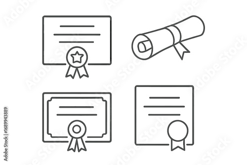 Diploma and certificate line icon set. Education, graduation and award symbols. Vector outline pictogram collection for success, achievement, and qualification concepts. Thin line design.