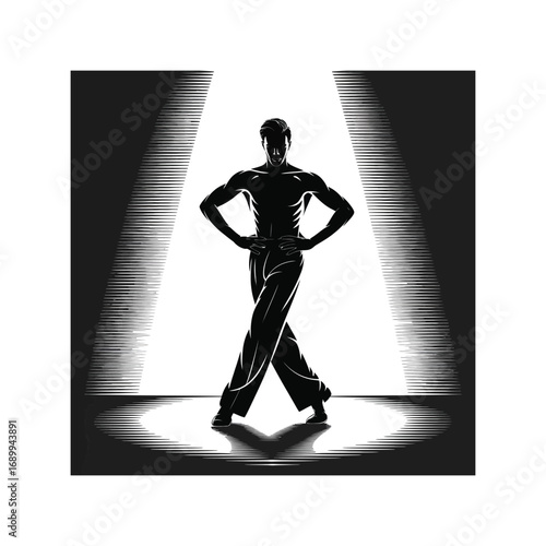 Male Dancer Silhouette Illustration Striking a Pose Under Spotlight Design on Stage