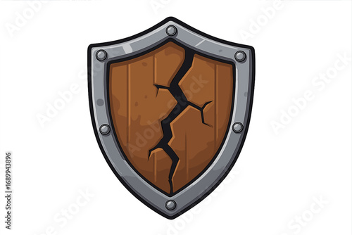 Broken wooden shield icon. Damaged defense and protection symbol. Metaphor for vulnerability, security failure, data breach. Medieval cartoon vector illustration for web, game.
