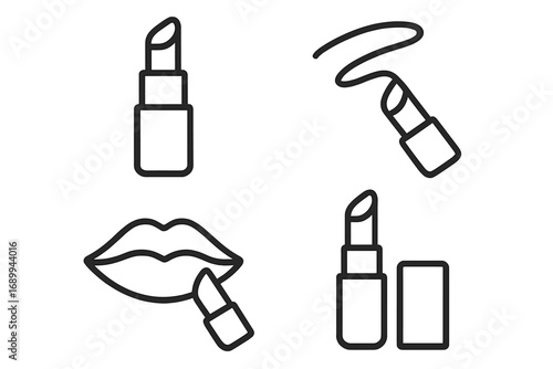 Lipstick outline icon set. Vector symbols of makeup application, lips, and cosmetic product. Minimalist line art illustration for beauty, glamour, and web design concepts.