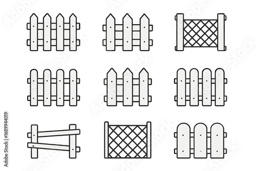 Fence icon set vector collection. Outline graphic design elements. Wooden picket fences, rustic farm barriers and garden gates. Simple line art illustration for web or print.