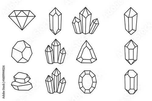 Geometric Crystal Gemstone Outline Vector Set. Minimalist Thin Line Diamond, Quartz Crystal Shapes. Hand Drawn Precious Stones Icons for Apps, Websites, Banners, Infographics, Modern Design