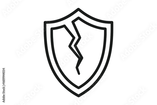 Cracked shield outline icon. Concept of vulnerability, risk, insecurity. Broken protection symbol. Metaphor for data breach, unprotected system, danger, failure, no defense.