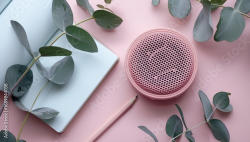 Pastel pink workspace with a small speaker, notebook, and eucalyptus sprigs