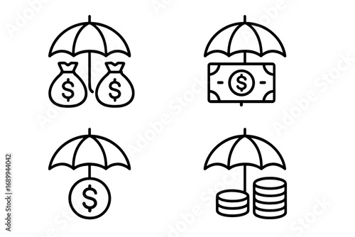 Money Insurance Thin Line Icon Set, Money Under Umbrella Outline Symbols for Finance Protection, Risk Management, Savings Security, Web Design, Apps, Advertising, Vector Cartoon Illustration