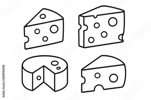 Cheese icon set vector outline illustration. Linear graphic elements for web design. Swiss cheese wedge, block, and wheel. Dairy food, gourmet snack concept for menu or logo.