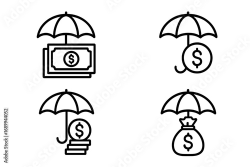 Money insurance thin line icon set, financial protection symbols with money under umbrella, dollar sign shield, cash and coin safety outline vector for web, apps, advertising, cards