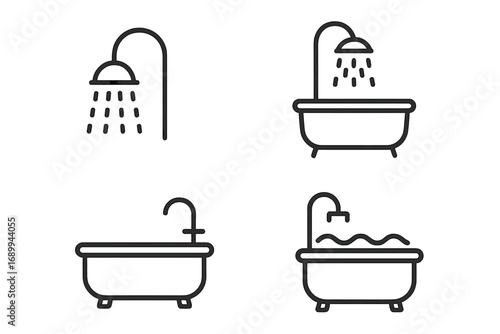 Bathroom Hygiene Vector Icon Set. Shower, Bathtub, Bath Water, Faucet Outline Icons for Web Design, App Interface, Advertising, Hotel, Spa, Plumbing Services. Clean Modern Line Signs Collection.