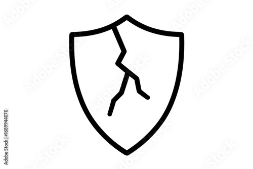 Cracked shield vector icon. Symbol of vulnerability, danger, and broken protection. Metaphor for security breach, system failure, risk, data loss, and being unprotected.