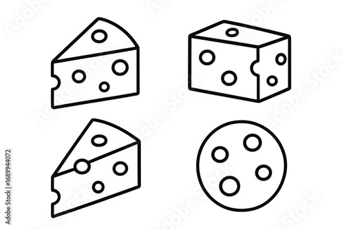 Cheese outline icon set. Vector linear graphic collection of various cheese types, wedge, block and wheel. Swiss food symbol for web design, apps, menu, logo. Dairy product illustration.