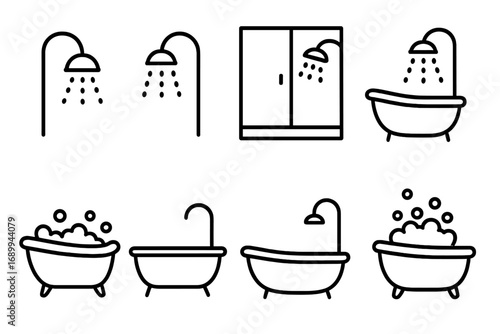 Modern shower and bathtub line icons set. Outline style bath, showerhead, bubbles, water drops, bathroom symbols for graphic design, web, app, advertising, cards. Vector illustration collection.