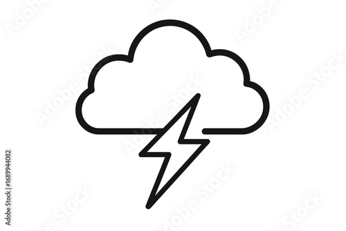 Weather forecast icon with cloud and lightning bolt outline. Thunderstorm symbol. Concept of storm, power, energy, electricity. Vector logo for web, app, or graphic design.