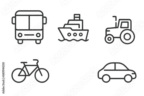 Transportation line icon set with bus, ship, tractor, bicycle, car. Public transport, logistics, travel symbols. Editable stroke vector graphic for web, UI, UX, app design.
