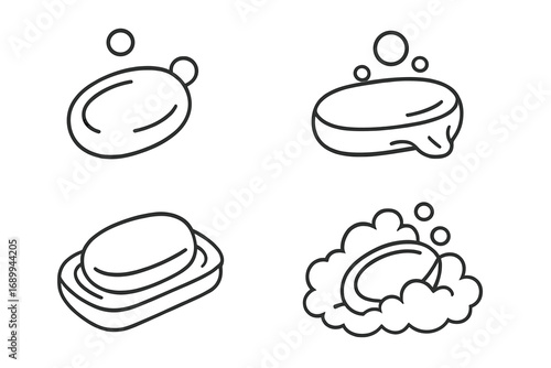 Soap bar line icon set. Hygiene, cleanliness, and personal care concept. Vector pictograms for apps and websites. Lather, foam, bubbles, and washing symbols illustration.
