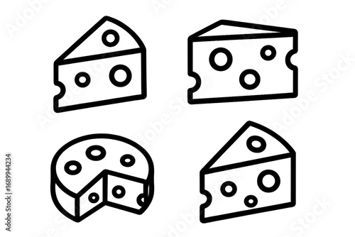Cheese icon set vector line art illustration. Sliced cheese wedge and wheel with holes. Dairy food product symbol for restaurant menu, website, or mobile app design.