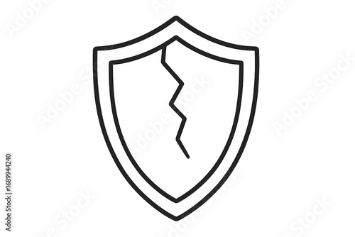 Cracked shield thin line icon. Broken protection symbol. Vulnerability and risk concept. Data breach, cyber attack, and security failure metaphor. Unsafe, danger sign.