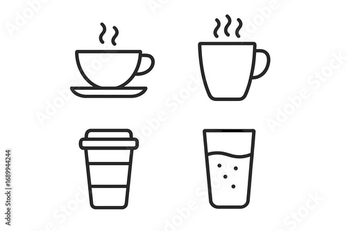 Modern outline beverage cup vector icons set for drink design elements, coffee mug and tea cup collection, cartoon style illustration for web app, digital card, social media, transparent background