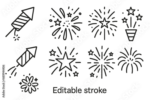 Firework rocket and star burst icon set for celebration, festival, New Year, party design. Editable stroke fireworks vector illustration. Simple outline symbols for web, apps, cards, posters, placards