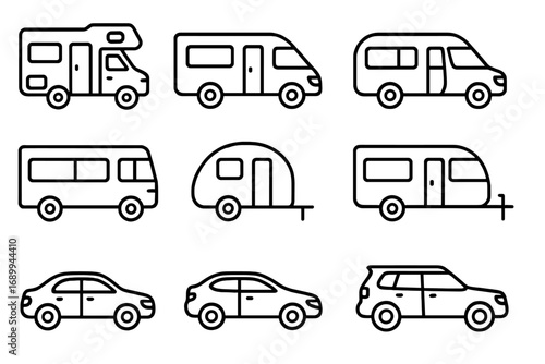 Minimalist line icons of campervans, caravans, RVs, and cars for travel, camping, transport, adventure, rental apps, navigation web design, trip planning, leisure and vehicle concepts vector set