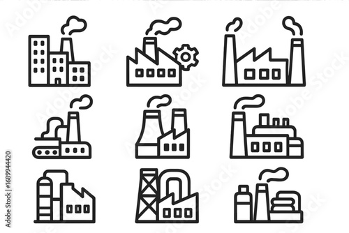 Modern factory and industrial plant outline icons set. Vector cartoon illustrations pack for manufacturing, production, pollution, industry, architecture, engineering. Transparent isolated background.