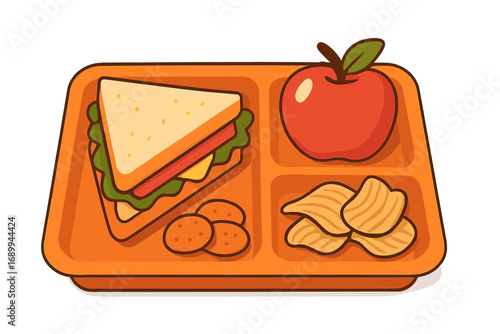 School lunch tray with sandwich, apple, and snacks. Healthy kids meal concept for cafeteria or packed lunch. Balanced nutrition food set. Vector cartoon flat design illustration.