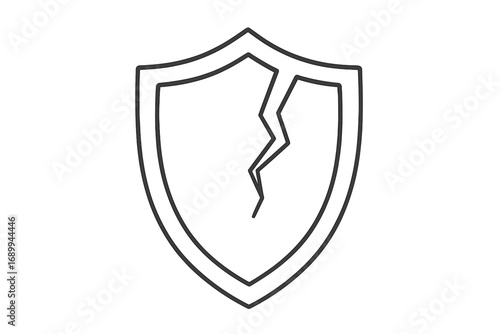 Cracked shield icon. Broken security symbol. Damaged defense sign. Concept of vulnerability, risk, failure, and data breach. Unsafe protection. Vector line art illustration.