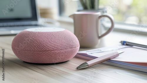 Pink speaker on a light wooden desk, beside a notebook, pen, and a small pitcher