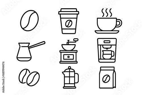 Set of Coffee Related Line Icons, Roasted Coffee Beans, Coffee Cups, Coffee Grinder, Coffee Maker, and French Press Vector Outline Signs for Graphic Design, Apps, Adverts, Cards, and Web Projects