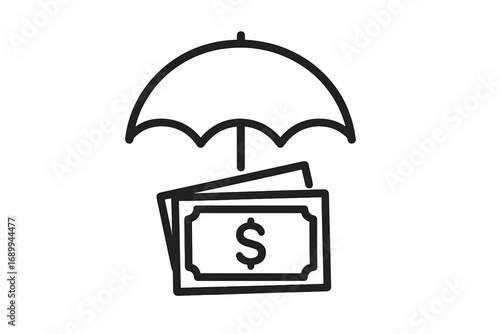 Financial protection concept. Money under umbrella icon. Metaphor for savings, investment security, and insurance. Wealth management and asset safety symbol. Vector line art.