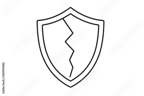 Cracked shield line icon. Concept of vulnerability, risk and failed security. Broken protection symbol. Metaphor for data breach, weak defense, danger and cybersecurity error.