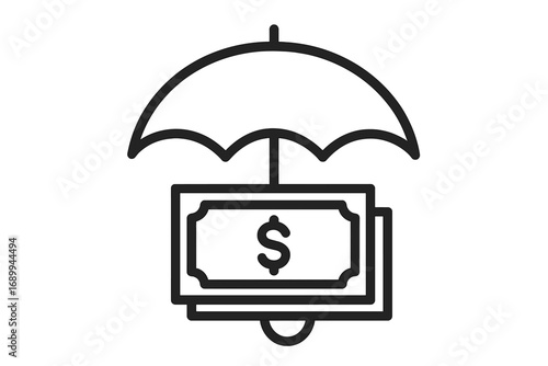 Money protection concept. Financial security and insurance metaphor. Investment safety and wealth management icon. Asset protection under umbrella. Vector line art illustration.
