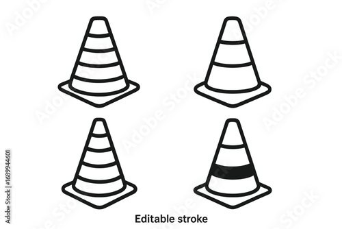 Traffic cone line icon set. Road safety and construction symbol collection. Vector outline illustration of a street warning sign. Under construction, work in progress concept.