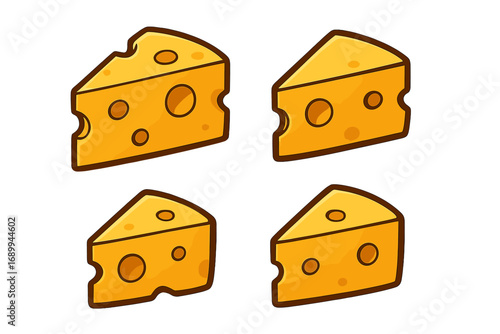 Cartoon cheese wedge vector set. Swiss cheese slice illustration collection. Isolated dairy food icon with holes. Graphic element for menu, grocery store, app, website, packaging.