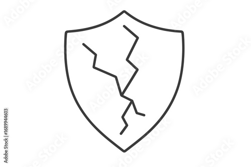 Cracked shield line icon. Broken defense and security symbol. Concept of vulnerability, risk, damage, and failure. Unsafe, unprotected. Vector cartoon illustration isolated.