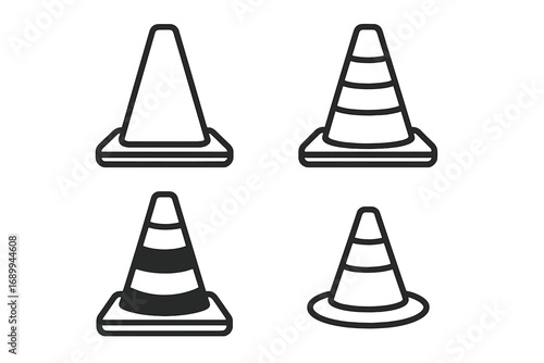 Traffic cone icon set. Line art pylon symbol collection. Road work safety sign. Under construction warning symbol. Vector street barrier illustration for web and ui design.