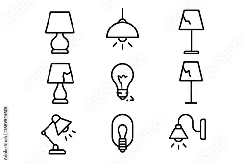 Modern outline icons set of table lamps, desk lamps, hanging lights, broken lamps, shattered bulbs, wall lamps, interior lighting elements for UI design, apps, web, cards, and social media