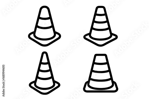 Traffic cone line icon set. Road safety pylon pictogram collection. Symbol of construction, road work, warning, caution, barrier. Under construction concept for web page. Vector.
