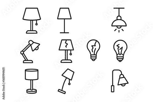 Modern outline vector icons set featuring table lamps, desk lamps, wall lamps, ceiling lamps, and broken lamps, minimalist cartoon style, ideal for app UI, web design, cards, transparent background