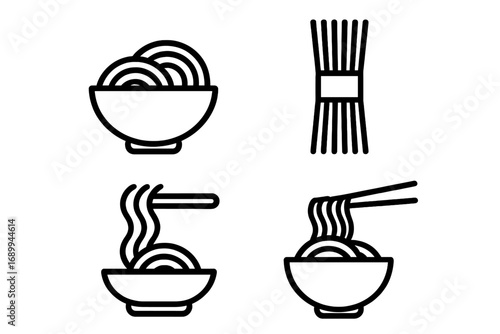 Noodle and pasta line icon set. Ramen, spaghetti, and udon soup bowl with chopsticks. Vector graphic symbols for Asian or Italian restaurant menu, logo, and food delivery app.