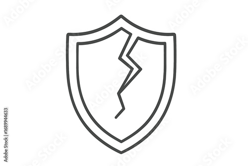 Broken shield line icon. Cracked security symbol. Concept of vulnerability, risk, data breach, and failed protection. Unsafe system metaphor. Simple vector illustration.