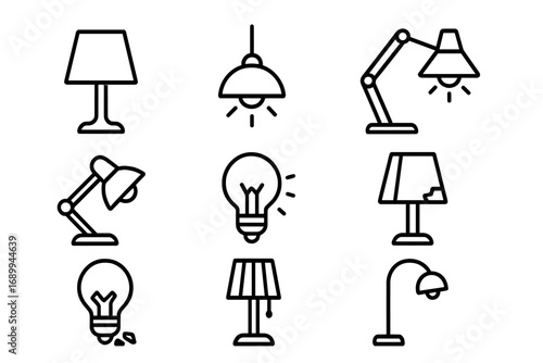 Modern outline lamp icons set, table lamps, desk lamps, floor lamps, pendant lights, broken lamps, glowing bulbs, energy symbols, interior lighting, minimalist home decor vector collection