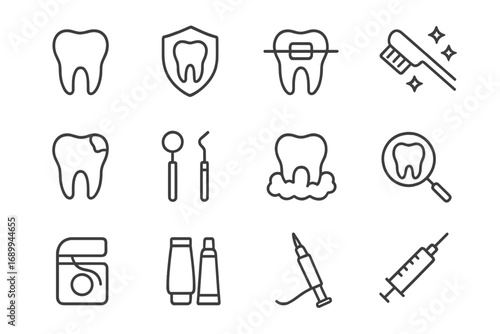 Set of Minimalistic Line Icons for Tooth Care, Dentistry, Braces, Oral Hygiene, Teeth Cleaning Tools, Dental Checkup, Tooth Protection, Dental Instruments, Dental Care Web and Graphic Design Vector
