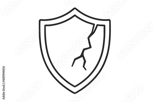 Broken shield icon vector. Cracked defense symbol. Metaphor for vulnerability, risk, and security failure. Unprotected, data breach, cyber attack concept. Line art illustration.