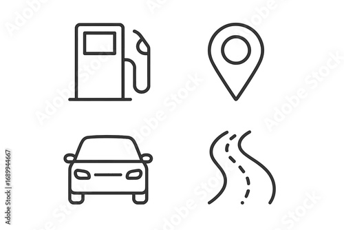 Gas station, car, road, and map pin thin outline icons set. Editable stroke vector illustration. Modern transportation travel symbols for apps, websites, web banners, cards, infographics, and guides.