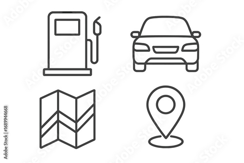 Fuel pump car road map pin location navigation icon set. Editable stroke vector outline illustration. Transport travel navigation GPS route symbols for app UI, placards, web, books, card design.