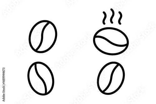 Coffee bean icon set line art. Minimalist outline symbol collection for cafe menu. Roasted espresso grain graphic element for web, app, logo. Hot caffeine drink sign vector.