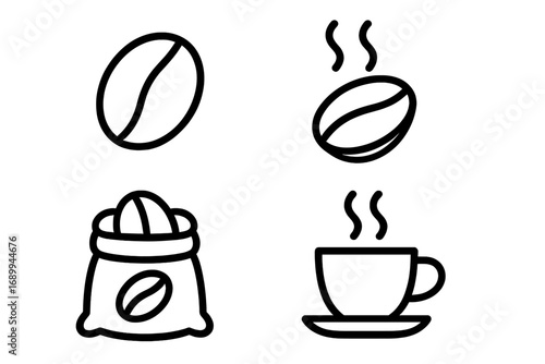 Coffee icon set vector illustration. Simple outline pictogram collection of coffee bean, hot cup, and sack. Line art symbols for cafe menu, logo, web, and mobile app design.