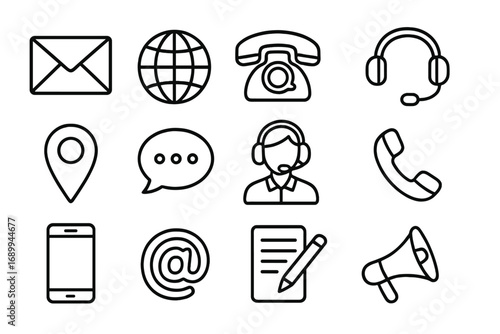 Contact us and communication line icon set. Vector symbols collection for customer service, support, phone, email, and web. Editable stroke outline pictograms for business.
