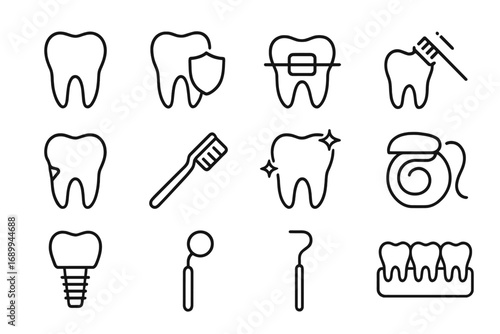 Set of Minimalistic Line Icons of Teeth, Dentistry, Dental Braces, Oral Care, Tooth Cleaning, Dental Tools, Implants, and Oral Hygiene for Web, Apps, Social Media, and Graphic Design
