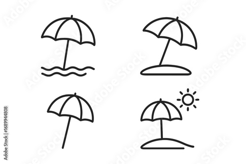 Parasol sunshade beach umbrella icons bundle, summer protection symbols, editable stroke vector set, vacation sun shelter illustrations, ideal for websites, cards, apps, and design projects